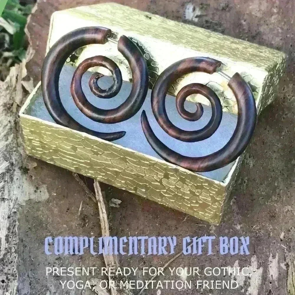 Organic wooden spiral hoop earrings fake gauges by umbrellalaboratory - Picture 2 of 8